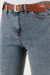 Pamuklu Standart Fit Yüksek Bel Dar Paça Kemerli Kot Kadın Pantolon 668YP4475 MAVİ