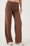 Pamuklu Standart Fit Yüksek Bel Geniş Paça Kadın Pantolon 668YP5193 KAHVE