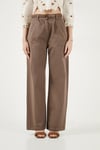 Pamuklu Wide Leg Yüksek Bel Geniş Paça Kemerli Kadın Pantolon 668YP5429 KAHVE