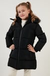 Peluş Astarlı Yakası Suni Kürklü Çıkarılabilir Kapüşonlu Kışlık Kız Çocuk Mont 5760072 SİYAH