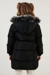 Peluş Astarlı Yakası Suni Kürklü Çıkarılabilir Kapüşonlu Kışlık Kız Çocuk Mont 5760072 SİYAH
