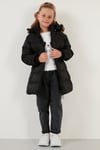 Peluş Astarlı Yakası Suni Kürklü Çıkarılabilir Kapüşonlu Kışlık Kız Çocuk Mont 5766038 SİYAH