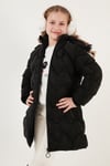 Peluş Astarlı Yakası Suni Kürklü Çıkarılabilir Kapüşonlu Kışlık Kız Çocuk Mont 5761905 SİYAH