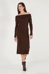 Premium Fitilli Carmen Yaka Slim Fit Midi Boy Triko Kadın Elbise 680EL00033 KAHVE