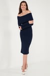 Premium Fitilli Carmen Yaka Slim Fit Midi Boy Triko Kadın Elbise 680EL00033 LACİVERT
