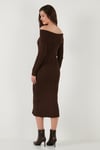 Premium Fitilli Carmen Yaka Slim Fit Midi Boy Triko Kadın Elbise 680EL00033 KAHVE