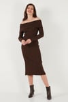 Premium Fitilli Carmen Yaka Slim Fit Midi Boy Triko Kadın Elbise 680EL00033 KAHVE