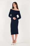 Premium Fitilli Carmen Yaka Slim Fit Midi Boy Triko Kadın Elbise 680EL00033 LACİVERT