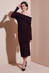 Premium Fitilli Carmen Yaka Slim Fit Midi Boy Triko Kadın Elbise 680EL00033 MÜRDÜM