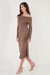Premium Fitilli Carmen Yaka Slim Fit Midi Boy Triko Kadın Elbise 680EL00033 VİZON