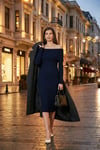 Premium Fitilli Carmen Yaka Slim Fit Midi Boy Triko Kadın Elbise 680EL00033 LACİVERT