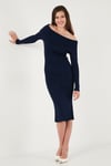 Premium Fitilli Carmen Yaka Slim Fit Midi Boy Triko Kadın Elbise 680EL00033 LACİVERT