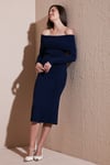 Premium Fitilli Carmen Yaka Slim Fit Midi Boy Triko Kadın Elbise 680EL00033 LACİVERT