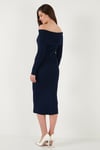 Premium Fitilli Carmen Yaka Slim Fit Midi Boy Triko Kadın Elbise 680EL00033 LACİVERT