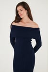 Premium Fitilli Carmen Yaka Slim Fit Midi Boy Triko Kadın Elbise 680EL00033 LACİVERT