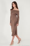 Premium Fitilli Carmen Yaka Slim Fit Midi Boy Triko Kadın Elbise 680EL00033 VİZON