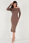 Premium Fitilli Carmen Yaka Slim Fit Midi Boy Triko Kadın Elbise 680EL00033 VİZON