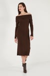 Premium Fitilli Carmen Yaka Slim Fit Midi Boy Triko Kadın Elbise 680EL00033 KAHVE