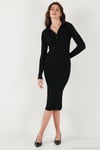Premium Fitilli V Yaka Slim Fit Midi Boy Triko Kadın Elbise 680EL00282 SİYAH