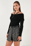 Premium Fitted Fit Carmen Yaka İp Askı Detaylı Triko Kadın Kazak 680KZ00076 SİYAH