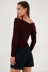 Premium Fitted Fit Carmen Yaka İp Askı Detaylı Triko Kadın Kazak 680KZ00076 BORDO
