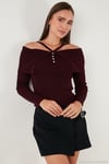 Premium Fitted Fit Carmen Yaka İp Askı Detaylı Triko Kadın Kazak 680KZ00076 BORDO