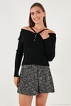 Premium Fitted Fit Carmen Yaka İp Askı Detaylı Triko Kadın Kazak 680KZ00076 SİYAH