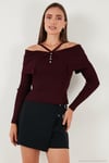 Premium Fitted Fit Carmen Yaka İp Askı Detaylı Triko Kadın Kazak 680KZ00076 BORDO