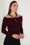 Premium Fitted Fit Carmen Yaka İp Askı Detaylı Triko Kadın Kazak 680KZ00076 BORDO
