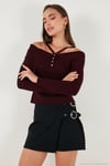 Premium Fitted Fit Carmen Yaka İp Askı Detaylı Triko Kadın Kazak 680KZ00076 BORDO