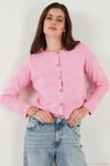 Premium Regular Fit Bisiklet Yaka Düğmeli Dokulu Triko Kadın Hırka 680HI00337 Şeker Pembe
