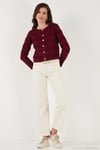 Premium Regular Fit Bisiklet Yaka Düğmeli Dokulu Triko Kadın Hırka 680HI00337 BORDO