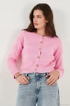Premium Regular Fit Bisiklet Yaka Düğmeli Dokulu Triko Kadın Hırka 680HI00337 Şeker Pembe
