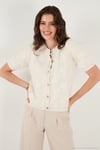 Premium Regular Fit Bisiklet Yaka Tüllü Çiçekli Kısa Kollu Kadın Hırka 680HI00386 EKRU