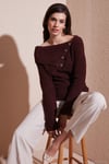 Premium Regular Fit Kayık Yaka Düğme Detaylı Kadın Kazak 680KZ002563 BORDO