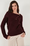 Premium Regular Fit Kayık Yaka Düğme Detaylı Kadın Kazak 680KZ002563 BORDO
