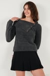 Premium Regular Fit Kayık Yaka Düğme Detaylı Kadın Kazak 680KZ002563 ANTRASİT