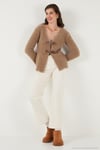 Premium Regular Fit V Yaka Çift Kemerli Peluş Kadın Hırka 680HI00112 VİZON