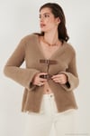 Premium Regular Fit V Yaka Çift Kemerli Peluş Kadın Hırka 680HI00112 VİZON