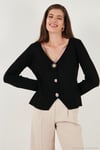 Premium Regular Fit V Yaka Düğmeli Triko Kadın Hırka 680HI00121 SİYAH