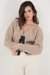 Premium Regular Fit V Yaka Fiyonk Bağlama Detaylı Örgü Desenli Triko Kadın Hırka 680KZ1947 BEJ