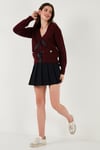 Premium Regular Fit V Yaka Fiyonk Bağlama Detaylı Örgü Desenli Triko Kadın Hırka 680KZ1947 BORDO