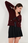Premium Regular Fit V Yaka Fiyonk Bağlama Detaylı Örgü Desenli Triko Kadın Hırka 680KZ1947 BORDO