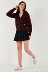 Premium Regular Fit V Yaka Fiyonk Bağlama Detaylı Örgü Desenli Triko Kadın Hırka 680KZ1947 BORDO