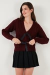 Premium Regular Fit V Yaka Fiyonk Bağlama Detaylı Örgü Desenli Triko Kadın Hırka 680KZ1947 BORDO