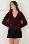Premium Regular Fit V Yaka Fiyonk Bağlama Detaylı Örgü Desenli Triko Kadın Hırka 680KZ1947 BORDO