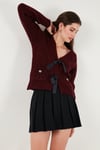 Premium Regular Fit V Yaka Fiyonk Bağlama Detaylı Örgü Desenli Triko Kadın Hırka 680KZ1947 BORDO