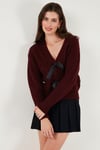 Premium Regular Fit V Yaka Fiyonk Bağlama Detaylı Örgü Desenli Triko Kadın Hırka 680KZ1947 BORDO