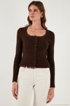 Premium Slim Fit Dantel Detaylı Yaka Örme Kadın Hırka 680HI00061 KAHVE