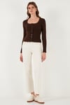 Premium Slim Fit Dantel Detaylı Yaka Örme Kadın Hırka 680HI00061 KAHVE